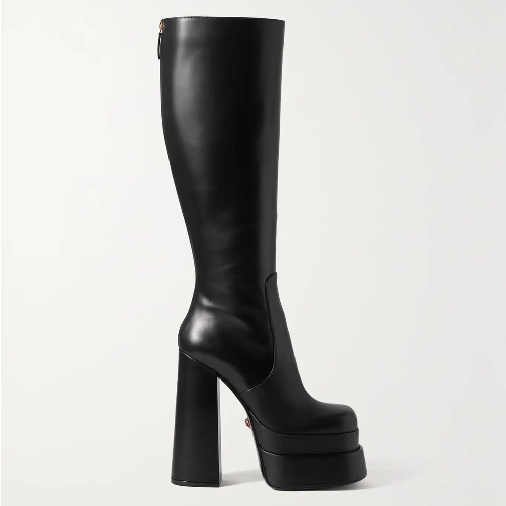 VERSACE Leather platform knee boots